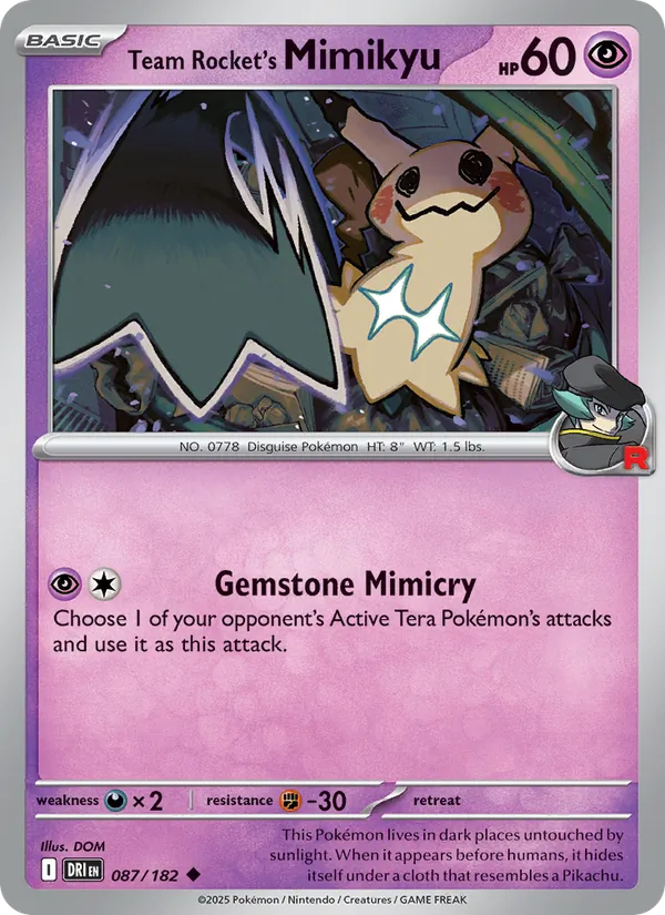 Team Rocket's Mimikyu card from Destined Rivals, number 087/182