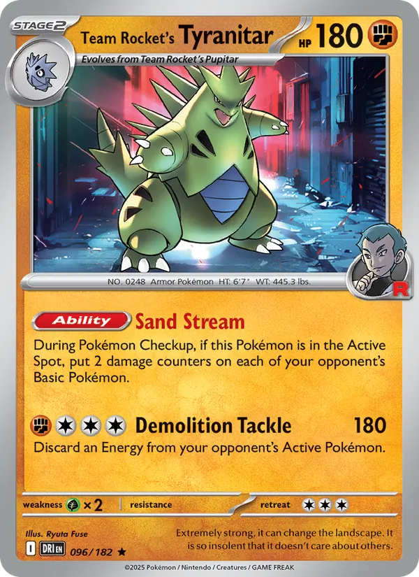 Team Rocket's Tyranitar card from Destined Rivals, number 096/182