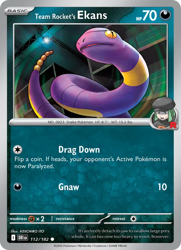 Team Rocket's Ekans card from Destined Rivals, number 112/182