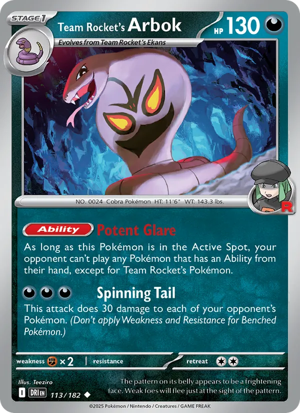 Team Rocket's Arbok card from Destined Rivals, number 113/182