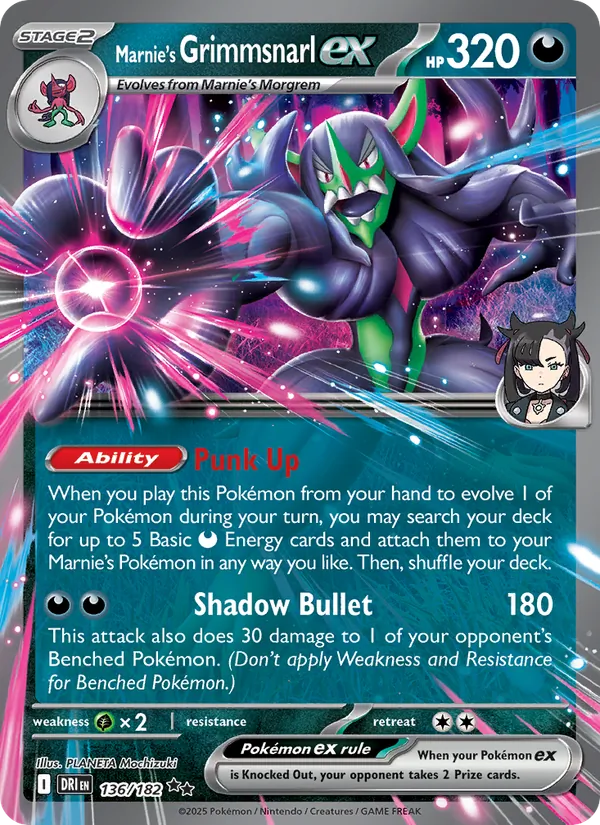 Marnie's Grimmsnarl ex card from Destined Rivals, number 136/182
