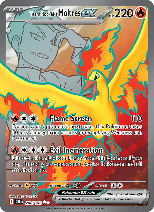 Team Rocket's Moltres ex card from Destined Rivals, number 208/182