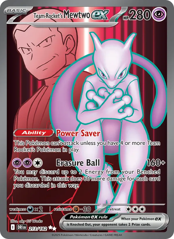 Team Rocket's Mewtwo ex card from Destined Rivals, number 213/182