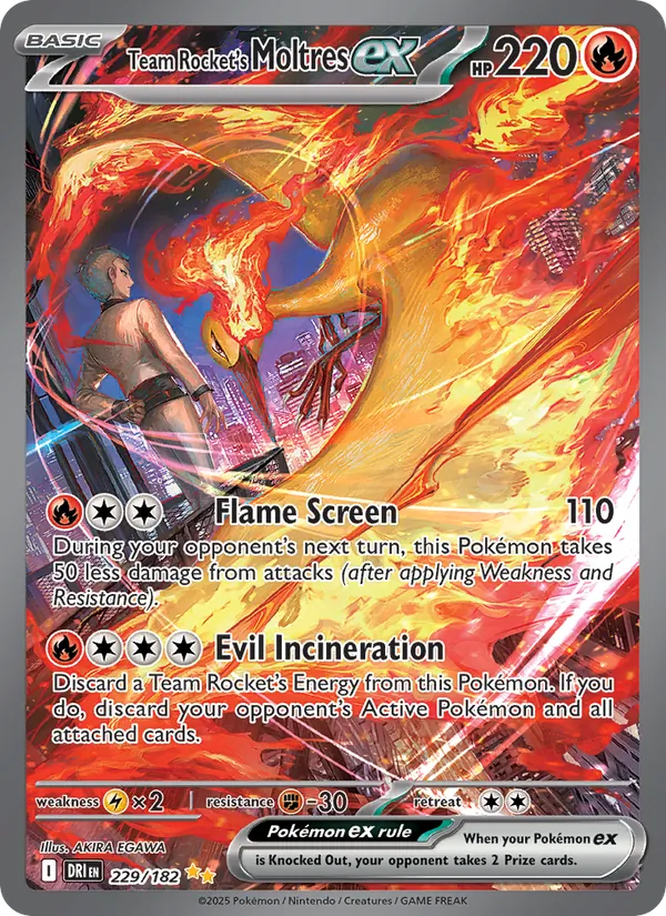 Team Rocket's Moltres ex card from Destined Rivals, number 229/182