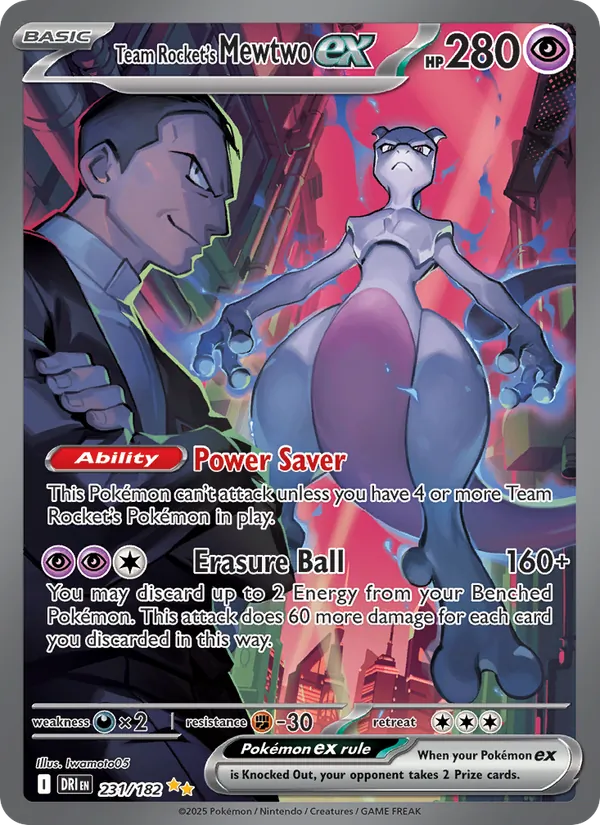 Team Rocket's Mewtwo ex card from Destined Rivals, number 231/182