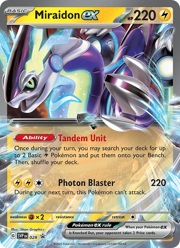 Kartu Miraidon ex dari SVP Black Star Promos, nomor 028/225