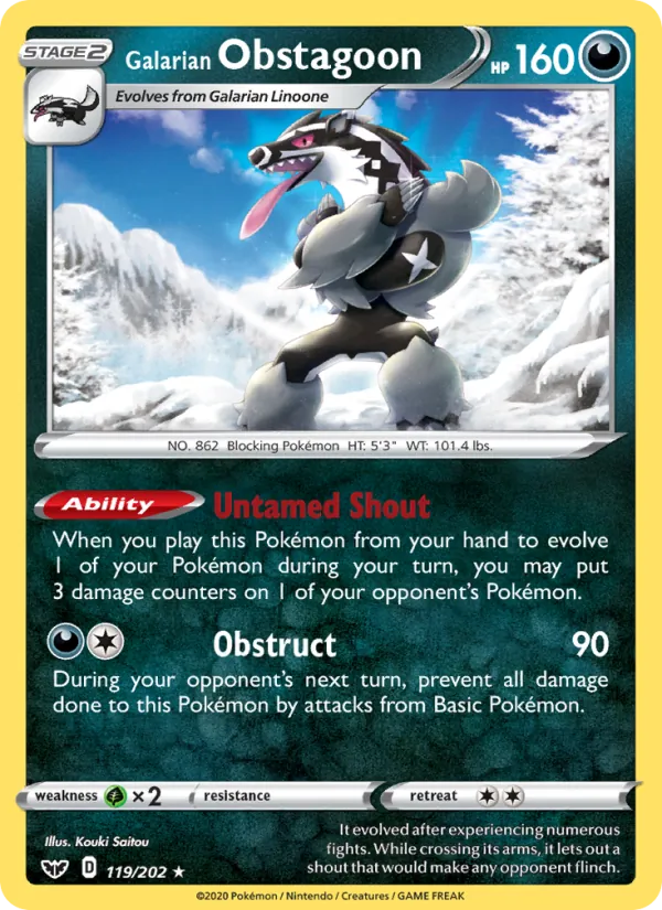 Kartu Galarian Obstagoon dari Sword & Shield, nomor 119/202