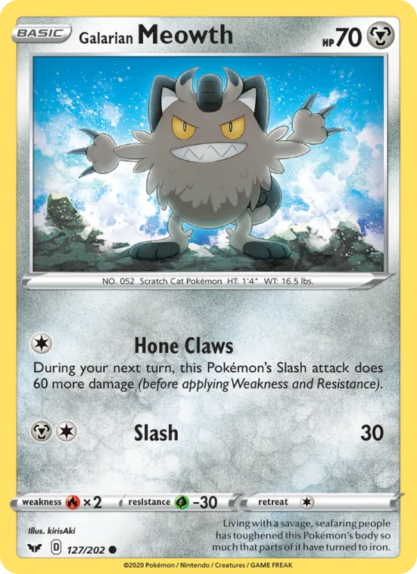 Kartu Galarian Meowth dari Sword & Shield, nomor 127/202