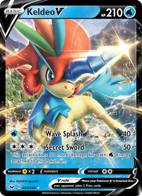 Kartu Keldeo V dari Sword & Shield, nomor 53/202
