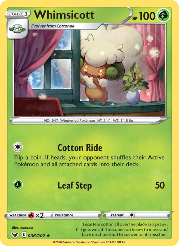 Kartu Whimsicott dari Sword & Shield, nomor 6/202