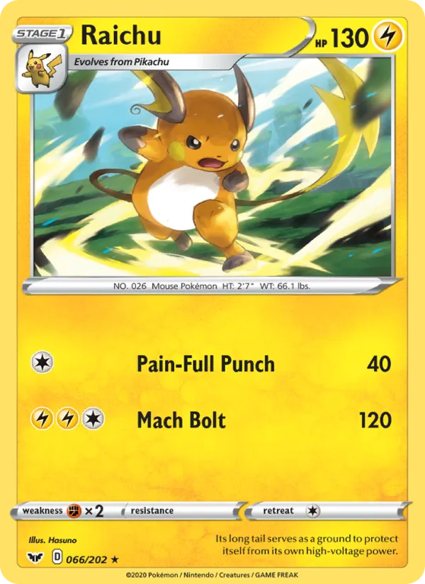 Kaart Raichu uit Sword & Shield, nummer 66/202
