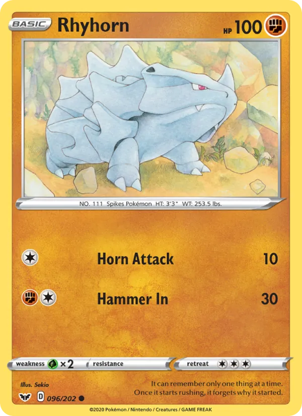 Kaart Rhyhorn uit Sword & Shield, nummer 96/202