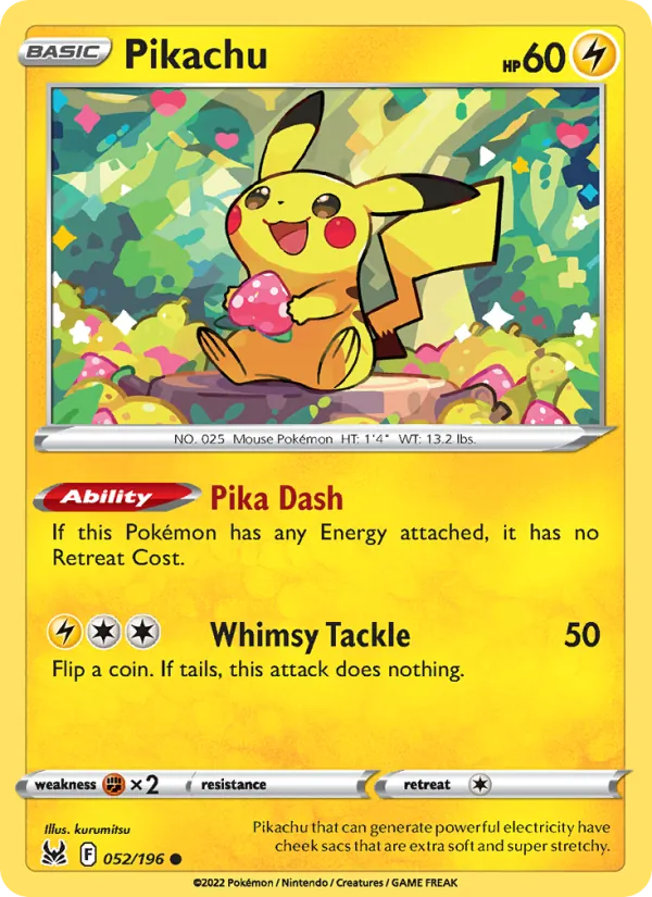 Pikachu card from Lost Origin, number 052/196
