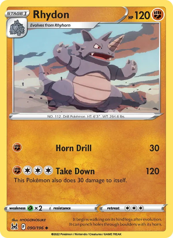 Rhydon card from Lost Origin, number 090/196