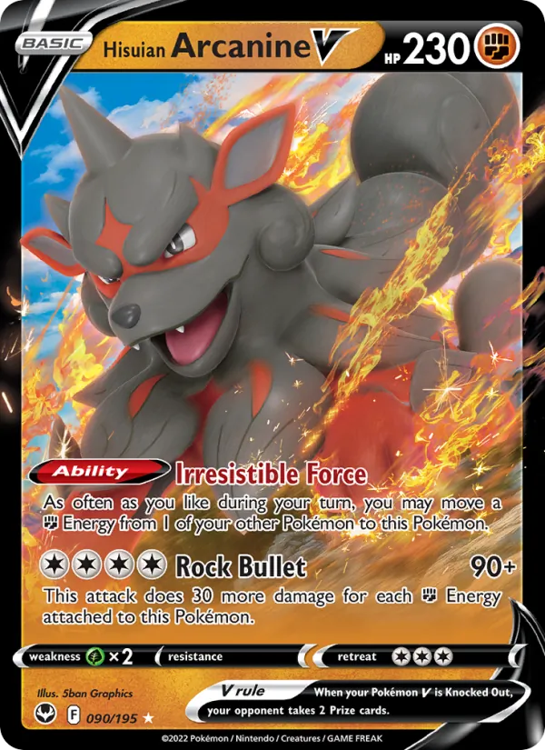 Hisuian Arcanine V card from Silver Tempest, number 090/195