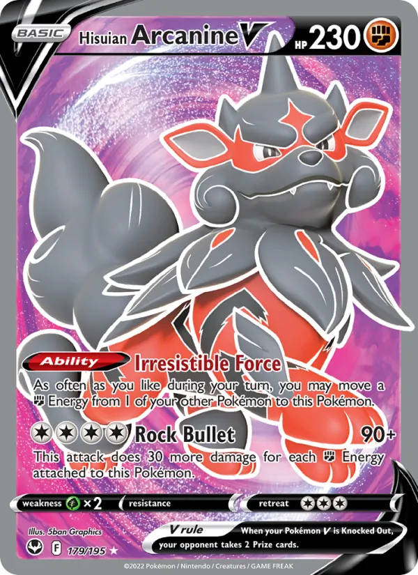 Hisuian Arcanine V card from Silver Tempest, number 179/195