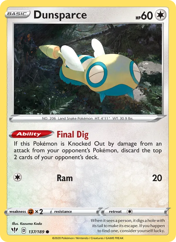 Kaart Dunsparce uit Darkness Ablaze, nummer 137/189