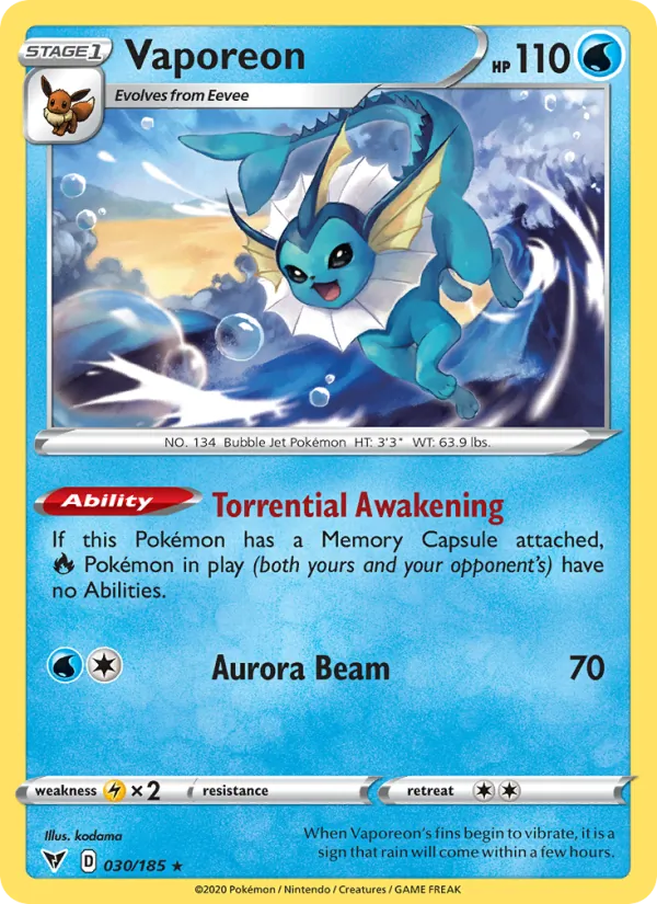 Kartu Vaporeon dari Vivid Voltage, nomor 30/185