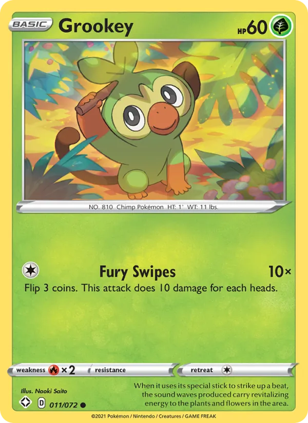 Kartu Grookey dari Shining Fates, nomor 11/72