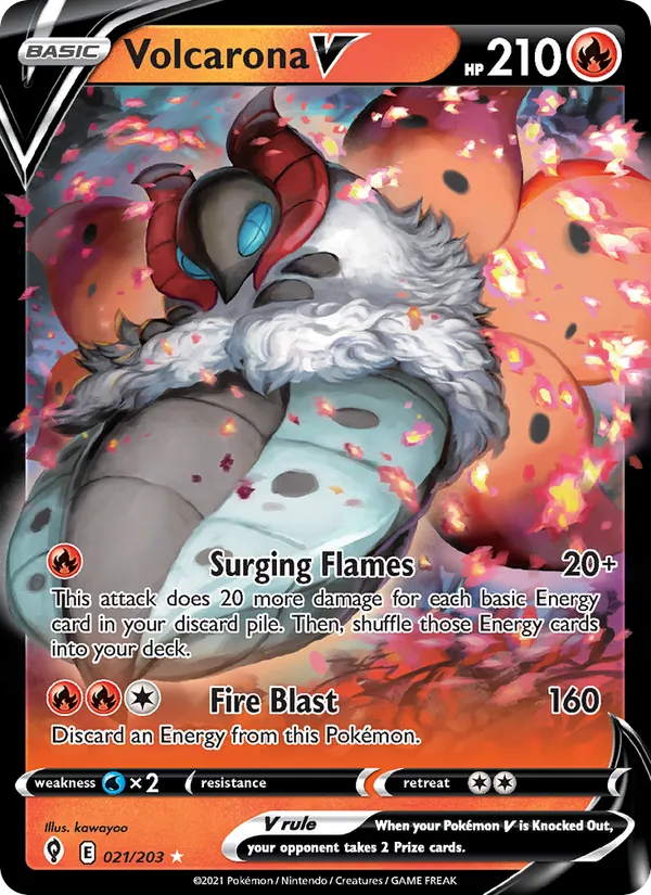 Kartu Volcarona V dari Evolving Skies, nomor 21/203