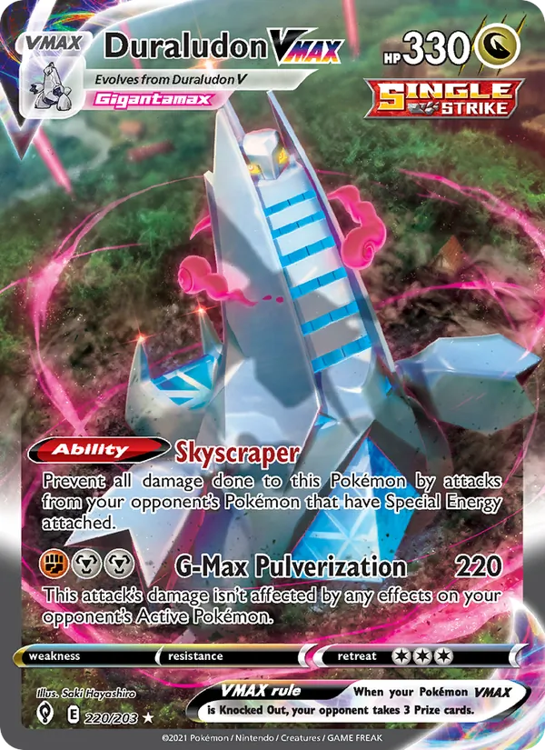 Duraludon VMAX card from Evolving Skies, number 220/203