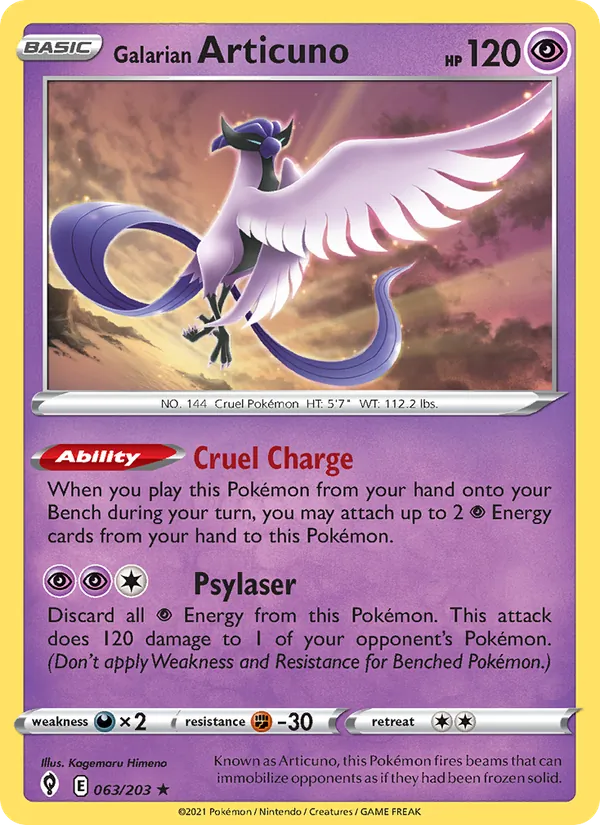 Kartu Galarian Articuno dari Evolving Skies, nomor 63/203