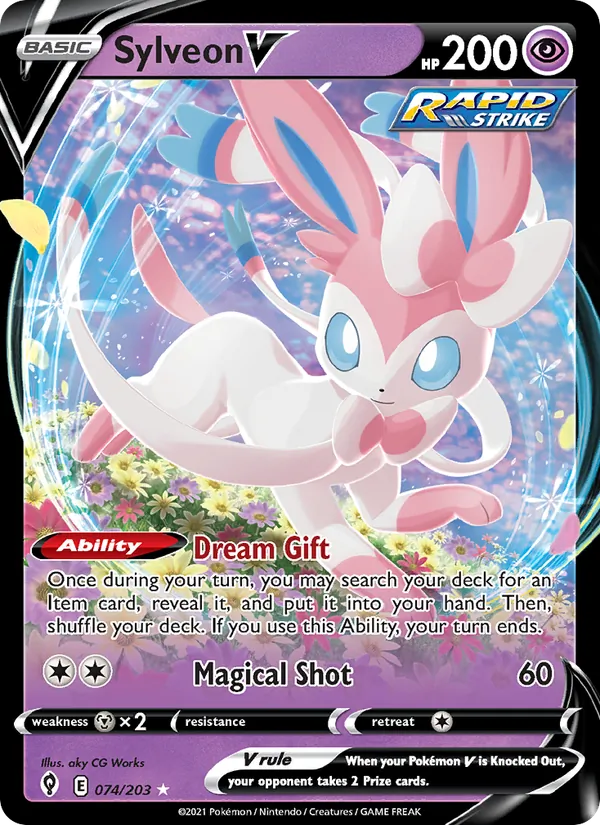 Kaart Sylveon V uit Evolving Skies, nummer 74/203