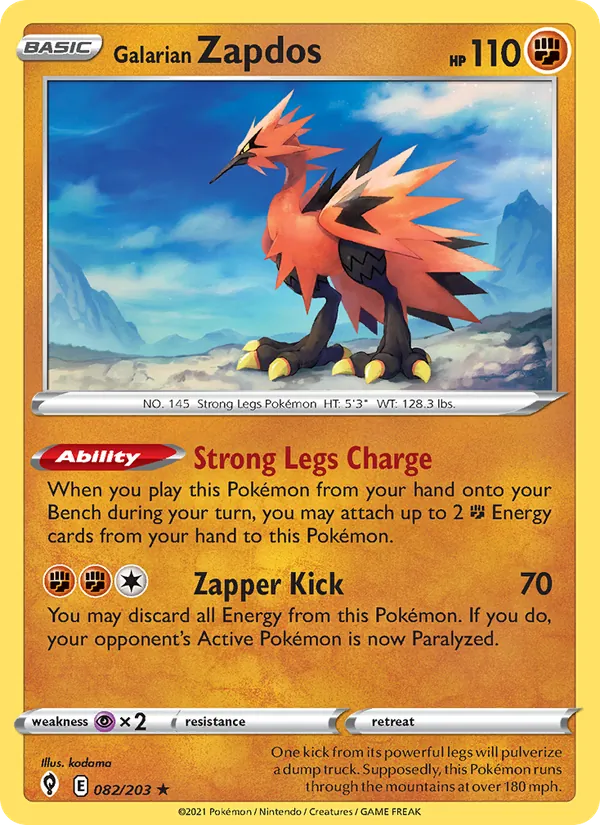 Kartu Galarian Zapdos dari Evolving Skies, nomor 82/203