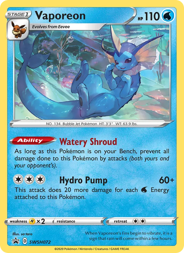 Vaporeon card from SWSH Black Star Promos, number SWSH072/307
