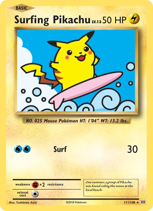 Surfing Pikachu card from Evolutions, number 111/108
