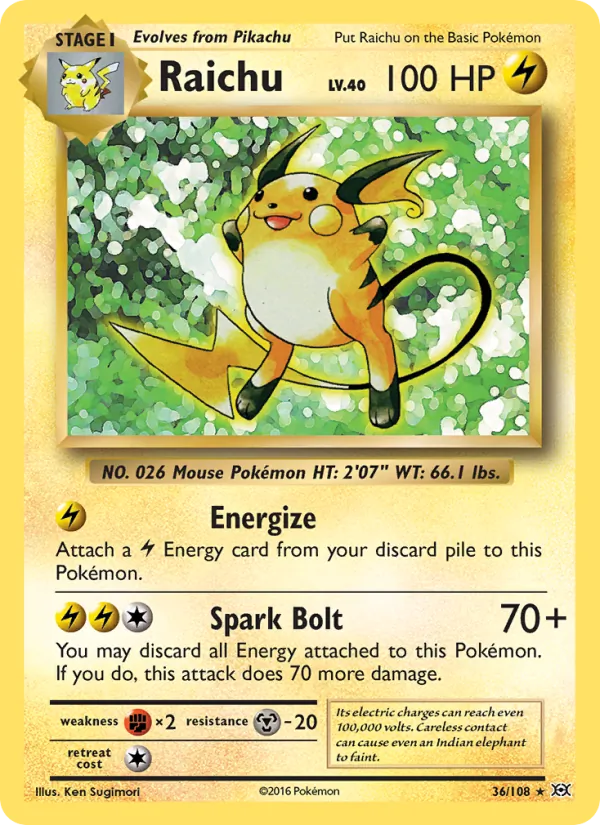 Raichu card from Evolutions, number 36/108