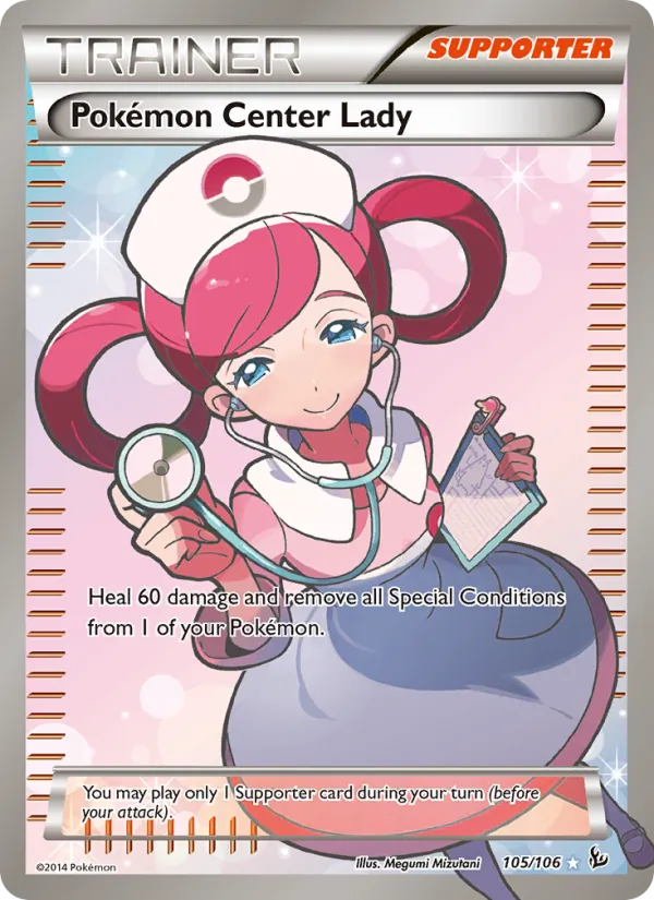 Kaart Pokémon Center Lady uit Flashfire, nummer 105/106