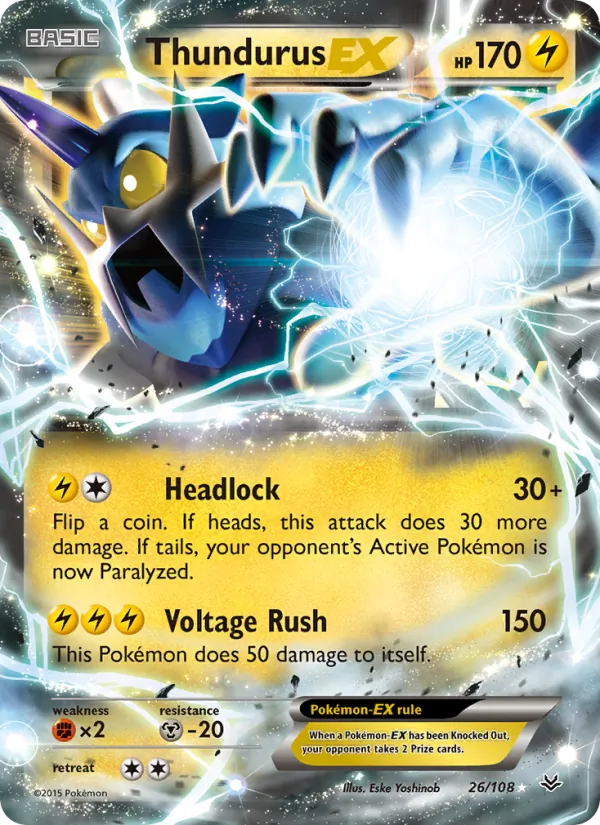 Thundurus EX card from Roaring Skies, number 26/108