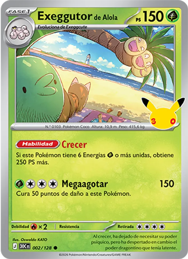 Carta Exeggutor de Alola de la expansión Celebración 30.º Aniversario, número 002/128