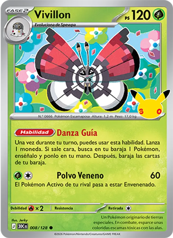 Carta Vivillon de la expansión Celebración 30.º Aniversario, número 008/128