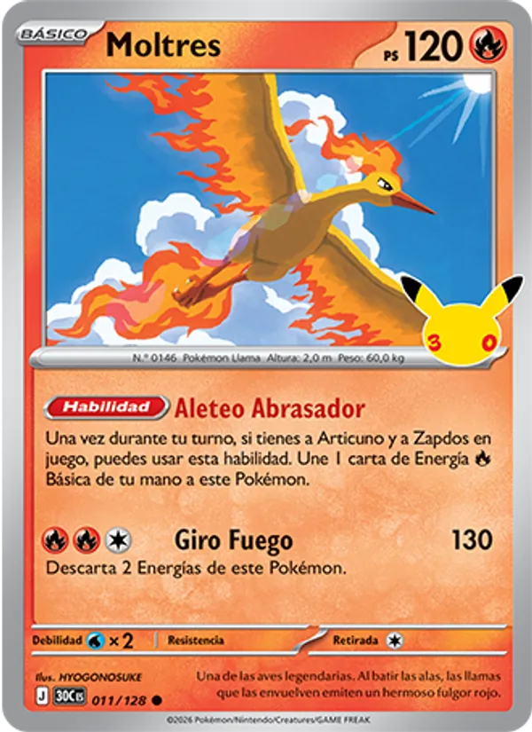 Carta Moltres de la expansión Celebración 30.º Aniversario, número 011/128