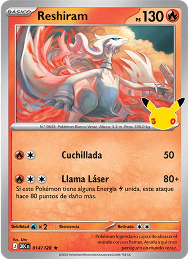Carta Reshiram de la expansión Celebración 30.º Aniversario, número 014/128