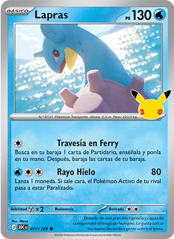 Carta Lapras de la expansión Celebración 30.º Aniversario, número 017/128
