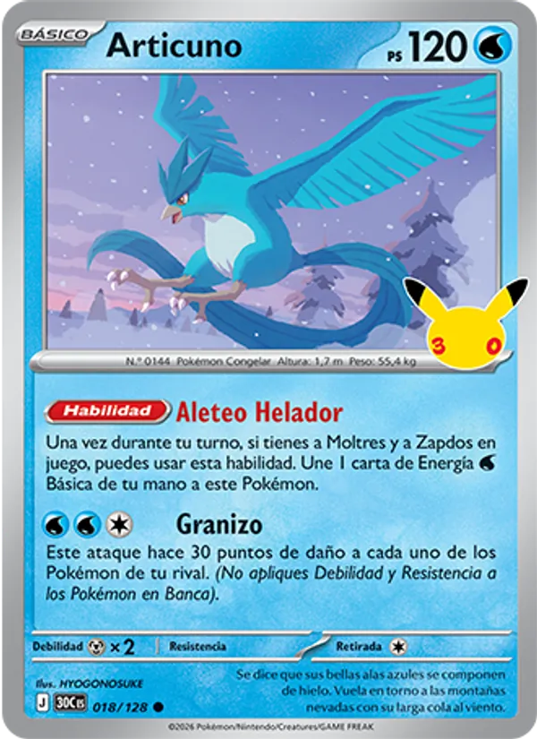 Carta Articuno de la expansión Celebración 30.º Aniversario, número 018/128