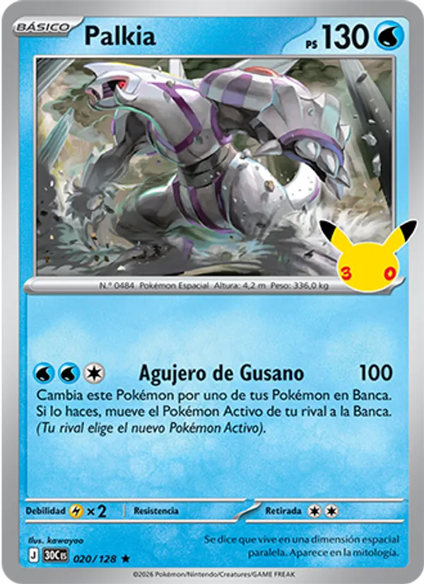 Carta Palkia de la expansión Celebración 30.º Aniversario, número 020/128
