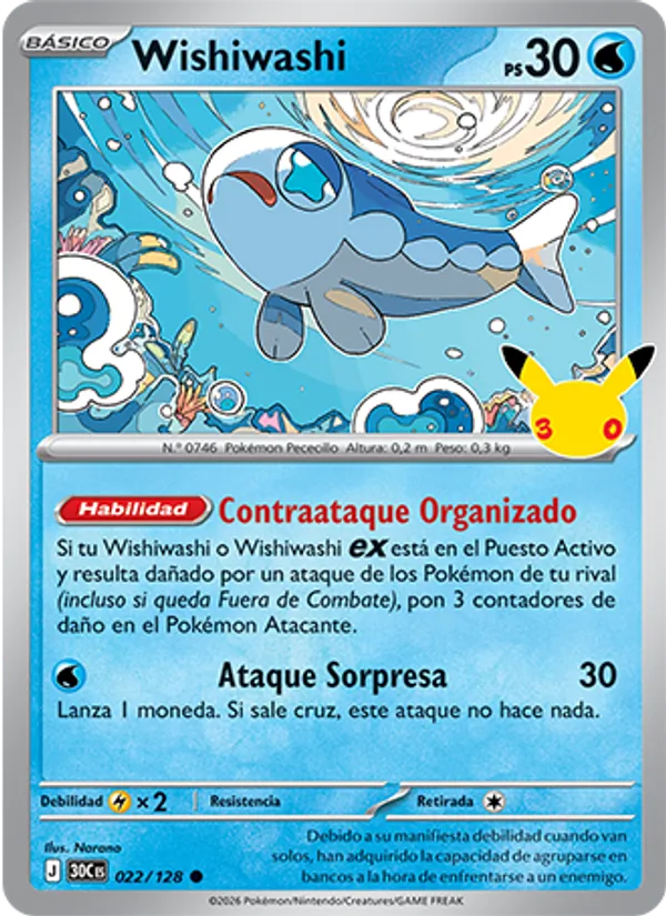 Carta Wishiwashi de la expansión Celebración 30.º Aniversario, número 022/128
