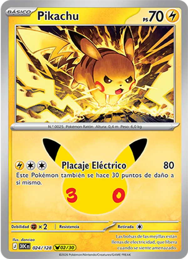 Carta Pikachu de la expansión Celebración 30.º Aniversario, número 024/128