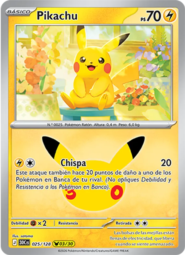 Carta Pikachu de la expansión Celebración 30.º Aniversario, número 025/128