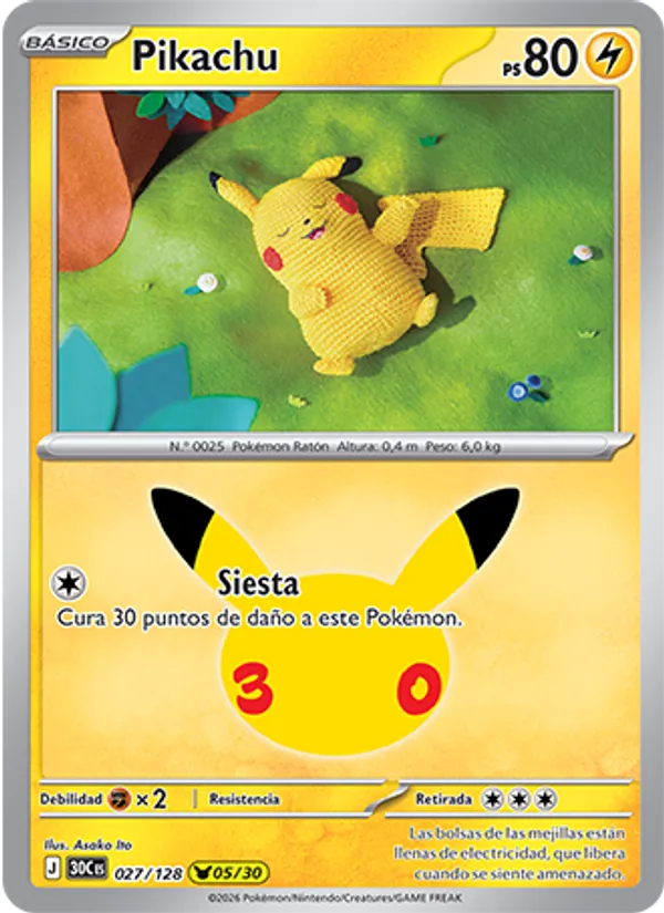 Carta Pikachu de la expansión Celebración 30.º Aniversario, número 027/128