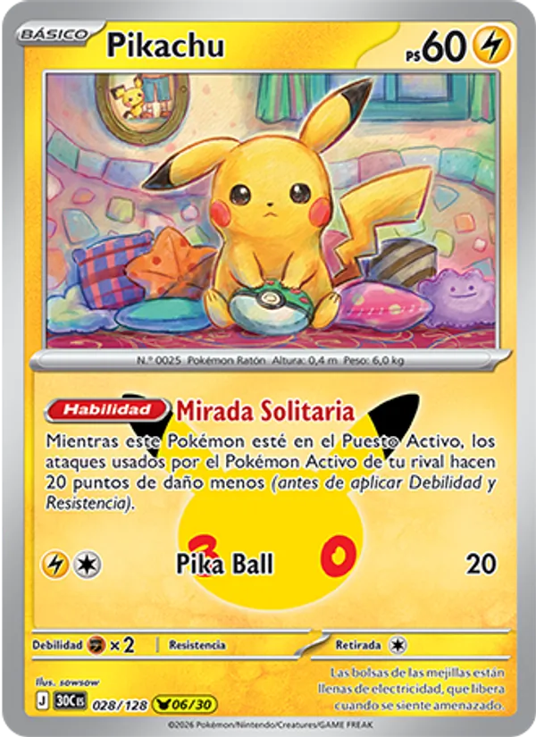 Carta Pikachu de la expansión Celebración 30.º Aniversario, número 028/128
