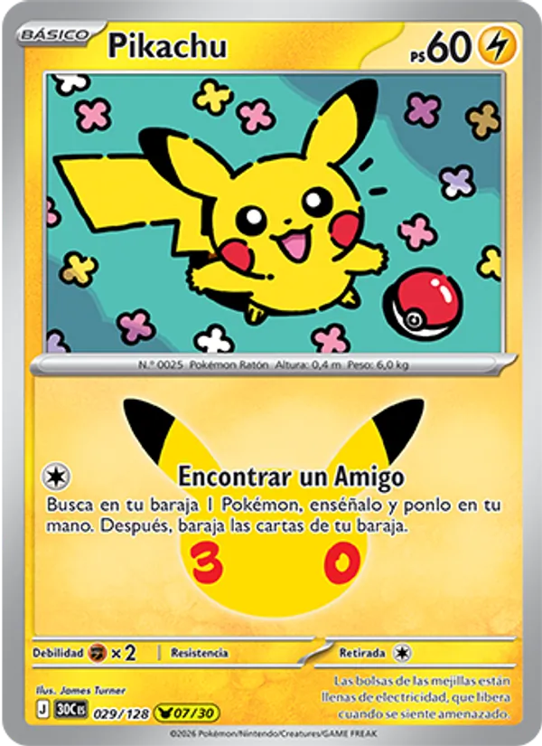 Carta Pikachu de la expansión Celebración 30.º Aniversario, número 029/128