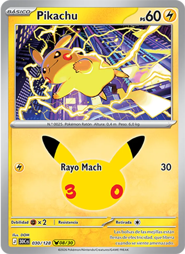 Carta Pikachu de la expansión Celebración 30.º Aniversario, número 030/128