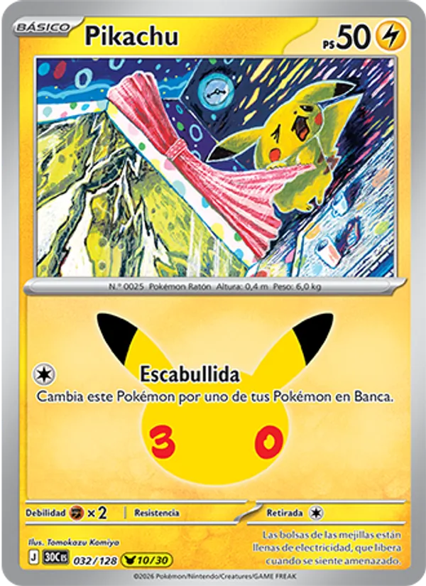 Carta Pikachu de la expansión Celebración 30.º Aniversario, número 032/128