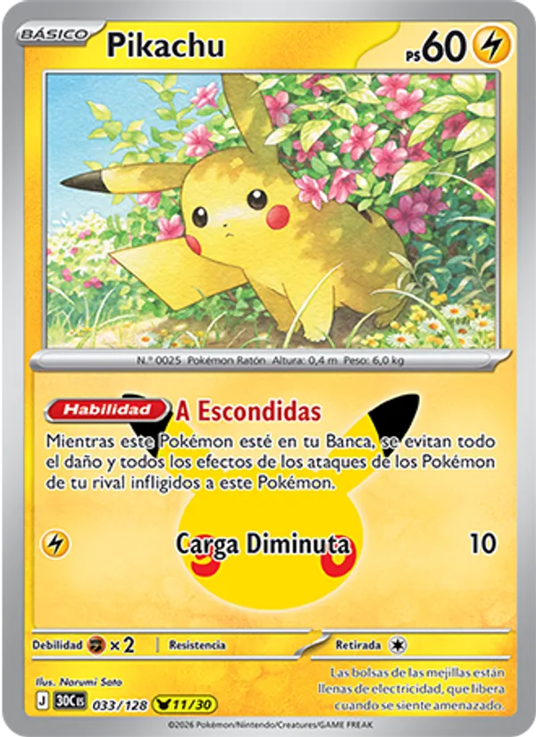 Carta Pikachu de la expansión Celebración 30.º Aniversario, número 033/128