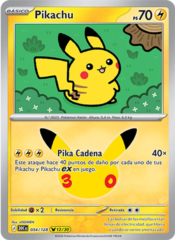Carta Pikachu de la expansión Celebración 30.º Aniversario, número 034/128